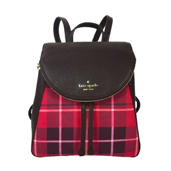 Kate Spade Leila Red Plaid Medium Flap Backpack Leather - Picture 1 of 6